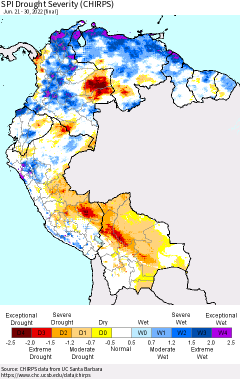 Northern South America SPI Drought Severity (CHIRPS) Thematic Map For 6/21/2022 - 6/30/2022