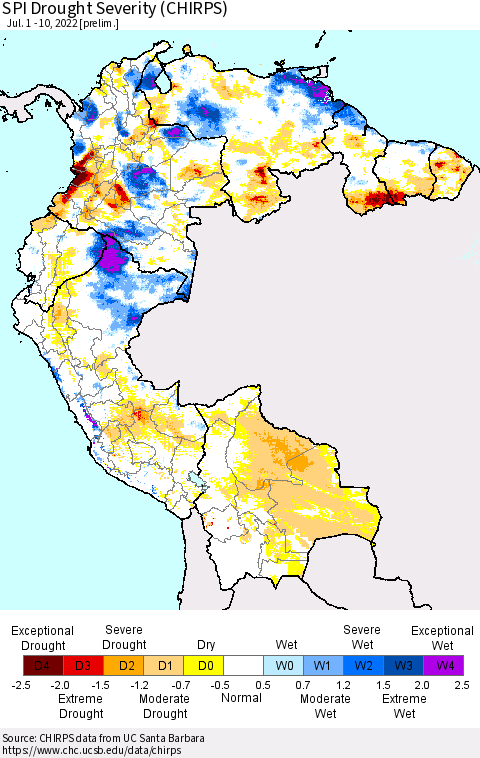 Northern South America SPI Drought Severity (CHIRPS) Thematic Map For 7/1/2022 - 7/10/2022