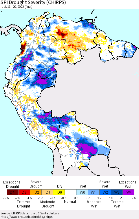 Northern South America SPI Drought Severity (CHIRPS) Thematic Map For 7/11/2022 - 7/20/2022