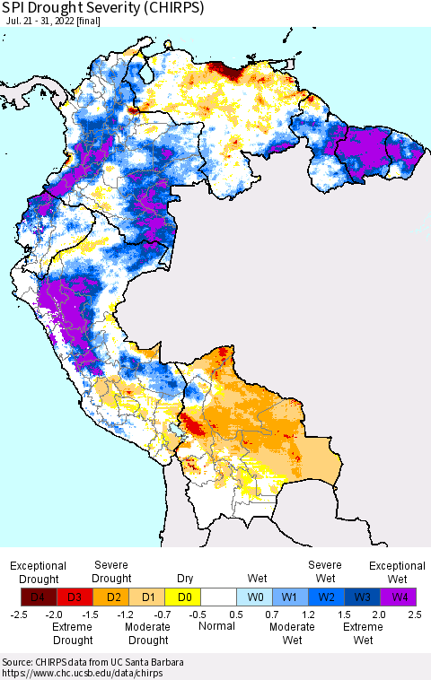 Northern South America SPI Drought Severity (CHIRPS) Thematic Map For 7/21/2022 - 7/31/2022