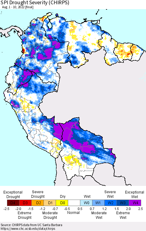 Northern South America SPI Drought Severity (CHIRPS) Thematic Map For 8/1/2022 - 8/10/2022