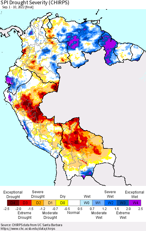 Northern South America SPI Drought Severity (CHIRPS) Thematic Map For 9/1/2022 - 9/10/2022