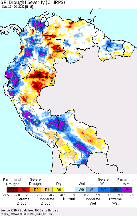 Northern South America SPI Drought Severity (CHIRPS) Thematic Map For 9/11/2022 - 9/20/2022