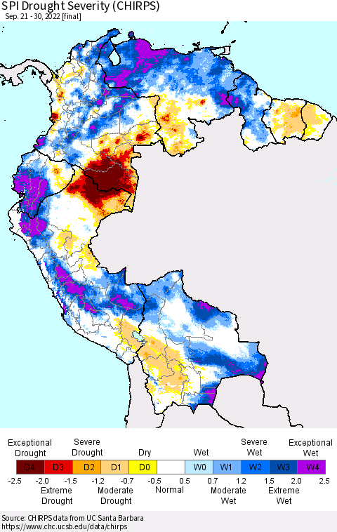 Northern South America SPI Drought Severity (CHIRPS) Thematic Map For 9/21/2022 - 9/30/2022
