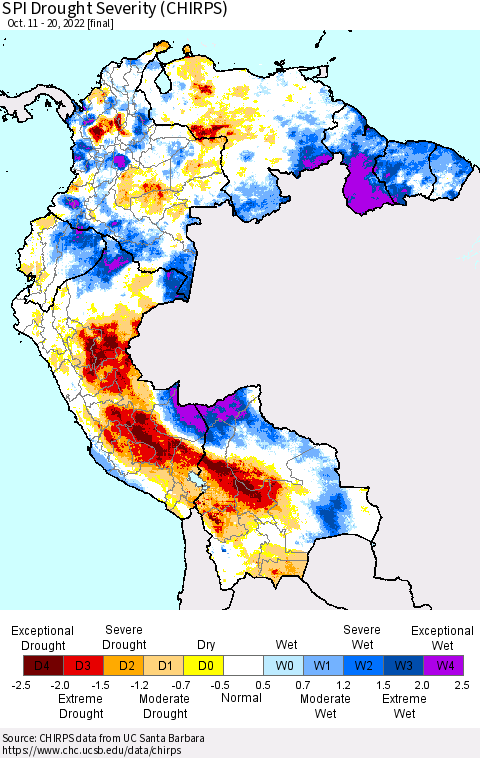 Northern South America SPI Drought Severity (CHIRPS) Thematic Map For 10/11/2022 - 10/20/2022