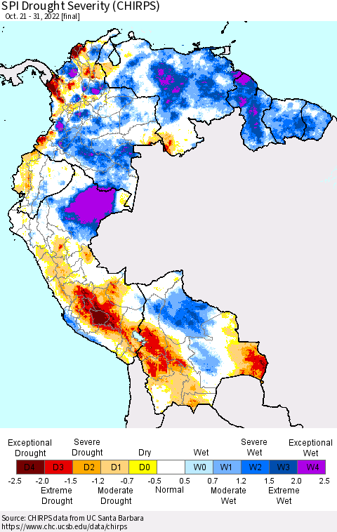 Northern South America SPI Drought Severity (CHIRPS) Thematic Map For 10/21/2022 - 10/31/2022