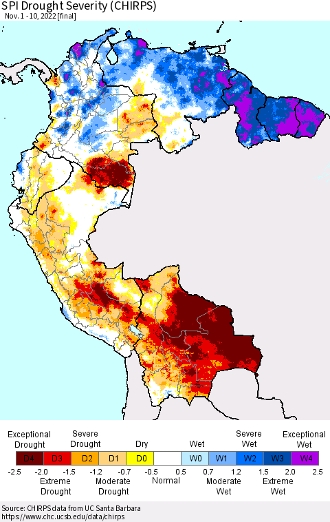 Northern South America SPI Drought Severity (CHIRPS) Thematic Map For 11/1/2022 - 11/10/2022