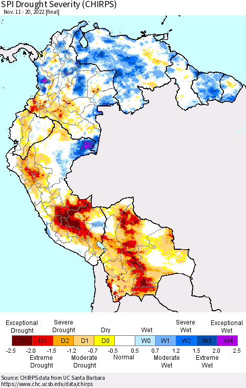 Northern South America SPI Drought Severity (CHIRPS) Thematic Map For 11/11/2022 - 11/20/2022
