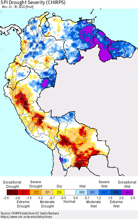 Northern South America SPI Drought Severity (CHIRPS) Thematic Map For 11/21/2022 - 11/30/2022