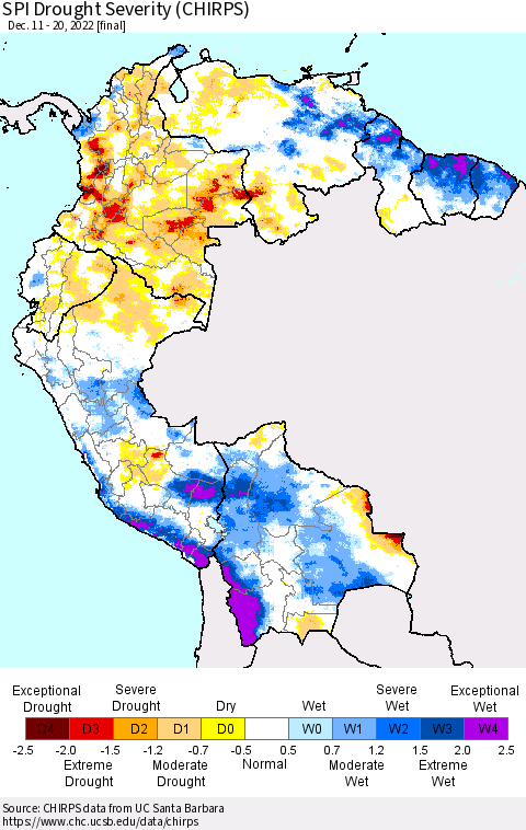 Northern South America SPI Drought Severity (CHIRPS) Thematic Map For 12/11/2022 - 12/20/2022