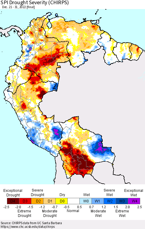 Northern South America SPI Drought Severity (CHIRPS) Thematic Map For 12/21/2022 - 12/31/2022