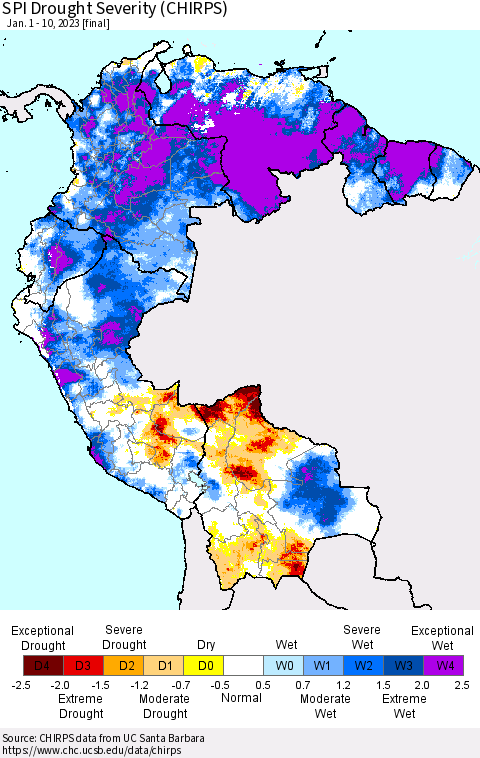 Northern South America SPI Drought Severity (CHIRPS) Thematic Map For 1/1/2023 - 1/10/2023