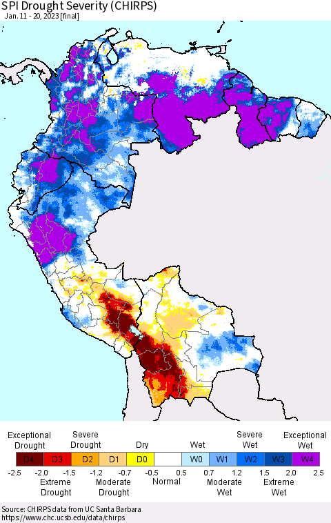 Northern South America SPI Drought Severity (CHIRPS) Thematic Map For 1/11/2023 - 1/20/2023