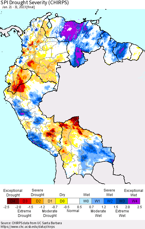 Northern South America SPI Drought Severity (CHIRPS) Thematic Map For 1/21/2023 - 1/31/2023