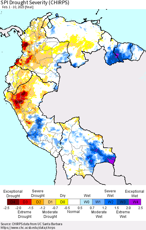Northern South America SPI Drought Severity (CHIRPS) Thematic Map For 2/1/2023 - 2/10/2023