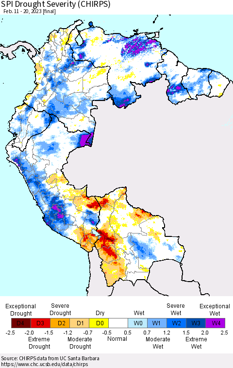 Northern South America SPI Drought Severity (CHIRPS) Thematic Map For 2/11/2023 - 2/20/2023