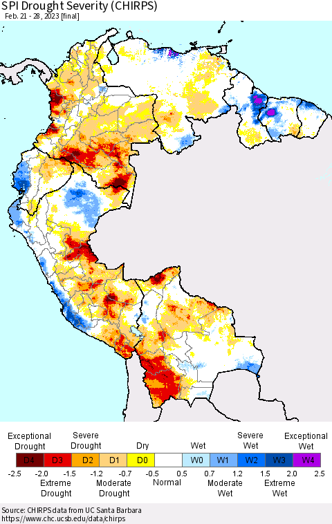 Northern South America SPI Drought Severity (CHIRPS) Thematic Map For 2/21/2023 - 2/28/2023