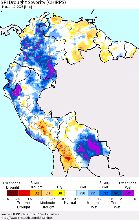 Northern South America SPI Drought Severity (CHIRPS) Thematic Map For 3/1/2023 - 3/10/2023