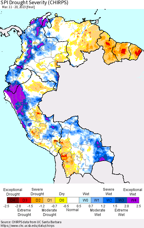 Northern South America SPI Drought Severity (CHIRPS) Thematic Map For 3/11/2023 - 3/20/2023