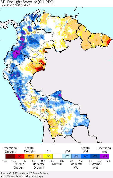 Northern South America SPI Drought Severity (CHIRPS) Thematic Map For 3/11/2023 - 3/20/2023