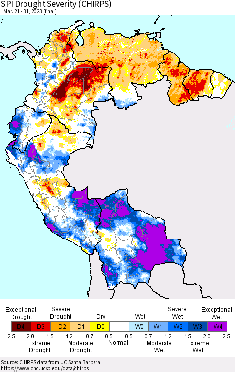 Northern South America SPI Drought Severity (CHIRPS) Thematic Map For 3/21/2023 - 3/31/2023