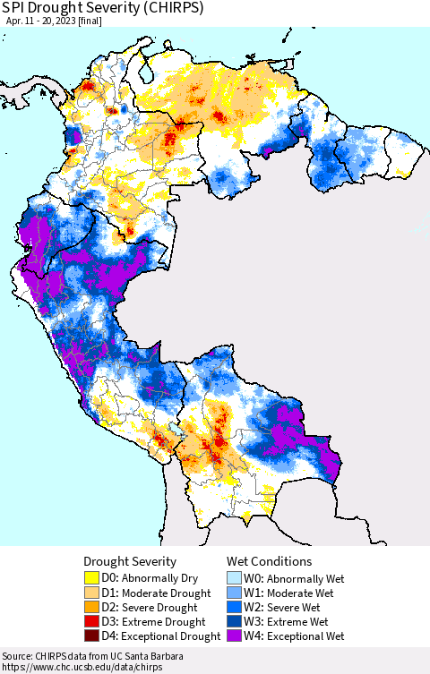 Northern South America SPI Drought Severity (CHIRPS) Thematic Map For 4/11/2023 - 4/20/2023