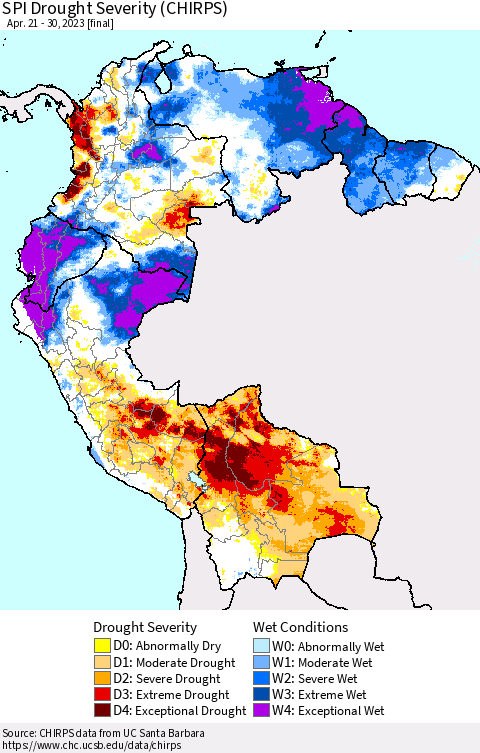 Northern South America SPI Drought Severity (CHIRPS) Thematic Map For 4/21/2023 - 4/30/2023