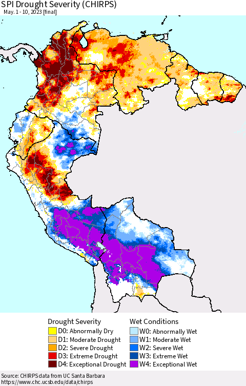 Northern South America SPI Drought Severity (CHIRPS) Thematic Map For 5/1/2023 - 5/10/2023