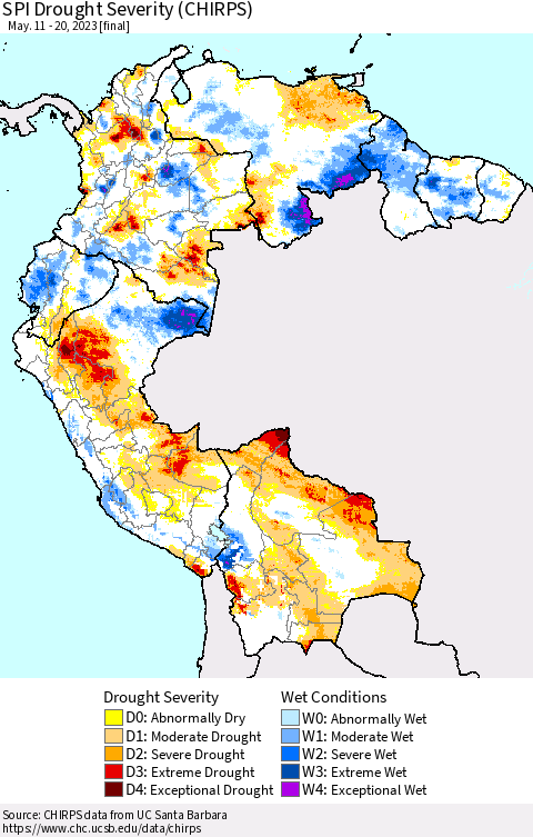 Northern South America SPI Drought Severity (CHIRPS) Thematic Map For 5/11/2023 - 5/20/2023