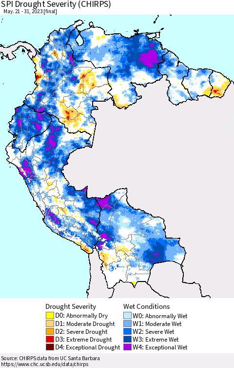 Northern South America SPI Drought Severity (CHIRPS) Thematic Map For 5/21/2023 - 5/31/2023