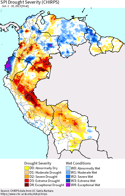 Northern South America SPI Drought Severity (CHIRPS) Thematic Map For 6/1/2023 - 6/10/2023