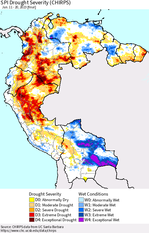 Northern South America SPI Drought Severity (CHIRPS) Thematic Map For 6/11/2023 - 6/20/2023