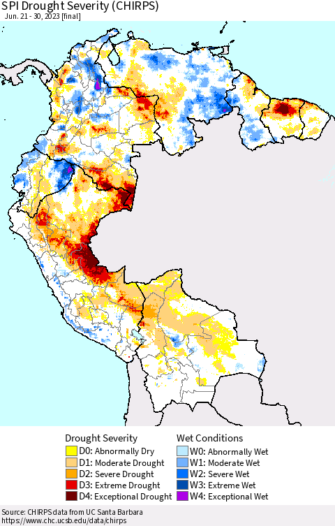 Northern South America SPI Drought Severity (CHIRPS) Thematic Map For 6/21/2023 - 6/30/2023