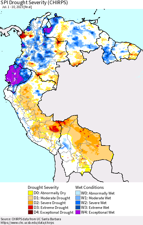 Northern South America SPI Drought Severity (CHIRPS) Thematic Map For 7/1/2023 - 7/10/2023