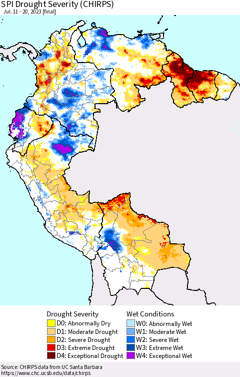 Northern South America SPI Drought Severity (CHIRPS) Thematic Map For 7/11/2023 - 7/20/2023