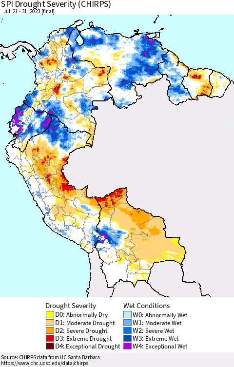 Northern South America SPI Drought Severity (CHIRPS) Thematic Map For 7/21/2023 - 7/31/2023