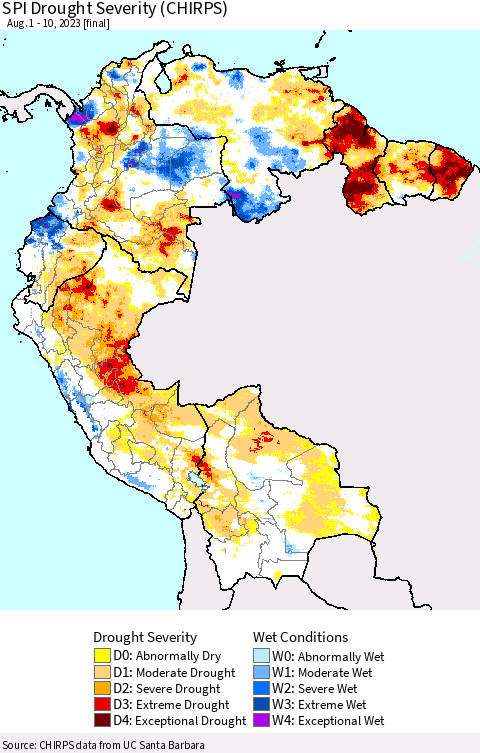 Northern South America SPI Drought Severity (CHIRPS) Thematic Map For 8/1/2023 - 8/10/2023