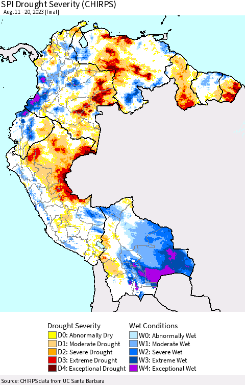Northern South America SPI Drought Severity (CHIRPS) Thematic Map For 8/11/2023 - 8/20/2023