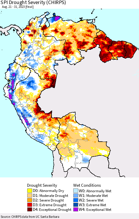Northern South America SPI Drought Severity (CHIRPS) Thematic Map For 8/21/2023 - 8/31/2023