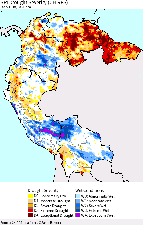 Northern South America SPI Drought Severity (CHIRPS) Thematic Map For 9/1/2023 - 9/10/2023