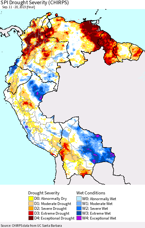 Northern South America SPI Drought Severity (CHIRPS) Thematic Map For 9/11/2023 - 9/20/2023