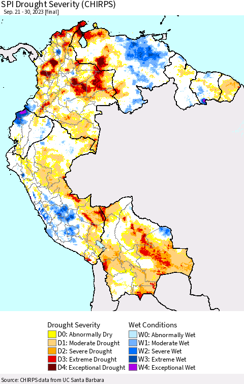 Northern South America SPI Drought Severity (CHIRPS) Thematic Map For 9/21/2023 - 9/30/2023