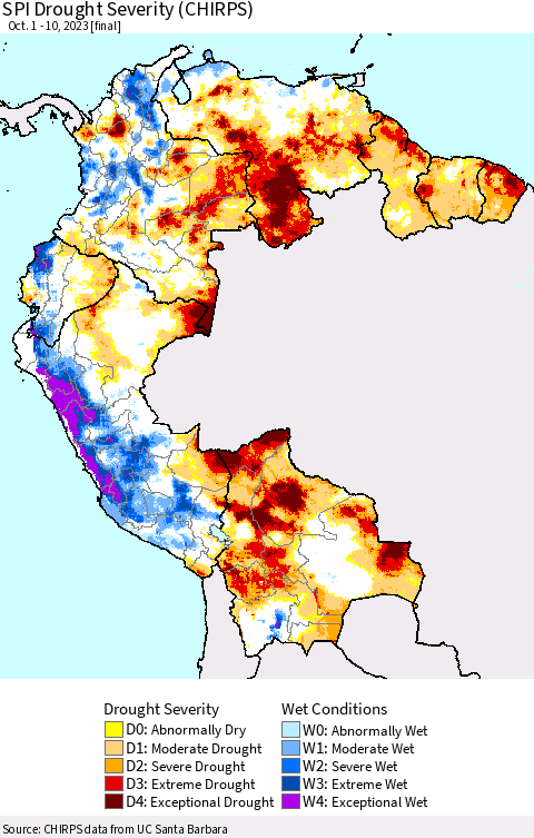 Northern South America SPI Drought Severity (CHIRPS) Thematic Map For 10/1/2023 - 10/10/2023