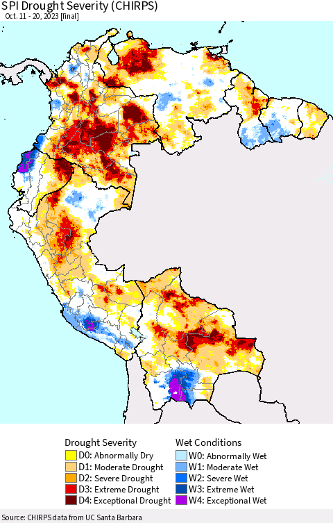 Northern South America SPI Drought Severity (CHIRPS) Thematic Map For 10/11/2023 - 10/20/2023