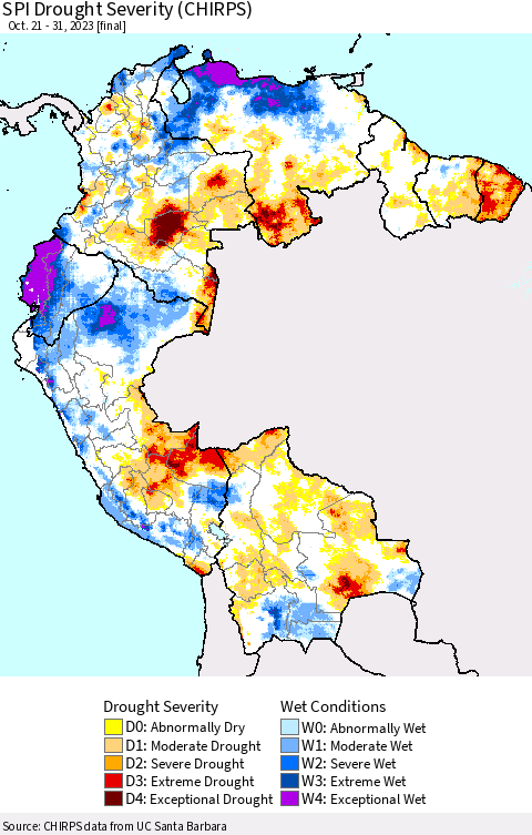 Northern South America SPI Drought Severity (CHIRPS) Thematic Map For 10/21/2023 - 10/31/2023