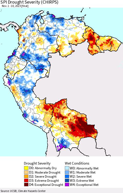 Northern South America SPI Drought Severity (CHIRPS) Thematic Map For 11/1/2023 - 11/10/2023
