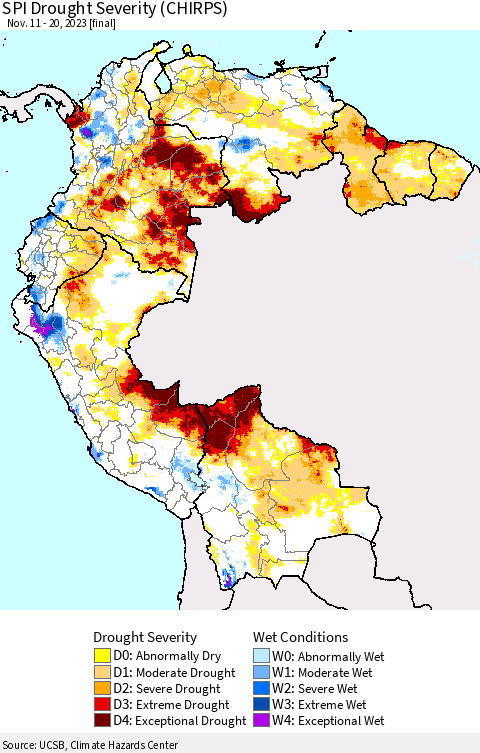 Northern South America SPI Drought Severity (CHIRPS) Thematic Map For 11/11/2023 - 11/20/2023