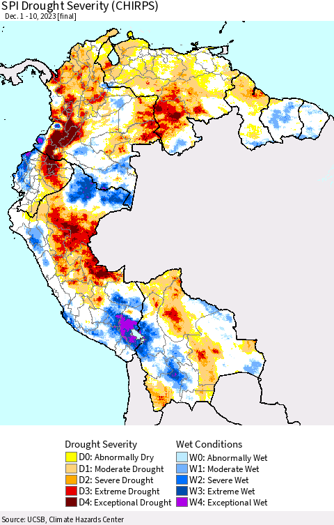 Northern South America SPI Drought Severity (CHIRPS) Thematic Map For 12/1/2023 - 12/10/2023