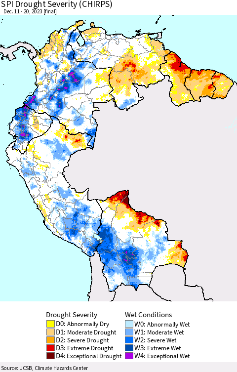 Northern South America SPI Drought Severity (CHIRPS) Thematic Map For 12/11/2023 - 12/20/2023
