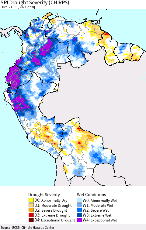Northern South America SPI Drought Severity (CHIRPS) Thematic Map For 12/21/2023 - 12/31/2023